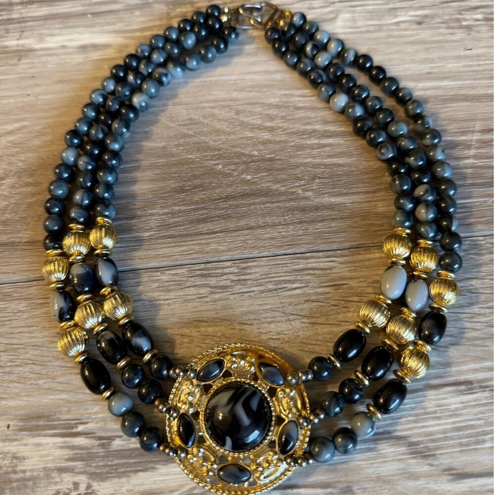 Vintage Black Gray Gold Multi Strand Beaded Choker Necklace Statement